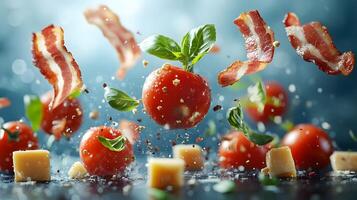 Floating ingredients create dynamic food composition with cherry tomatoes, bacon slices, cheese cubes and basil leaves in zero gravity against blue backdrop, dramatic motion blur and sharp details. g photo