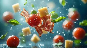 Floating ingredients create dynamic food composition with cherry tomatoes, bacon slices, cheese cubes and basil leaves in zero gravity against blue backdrop, dramatic motion blur and sharp details. l photo