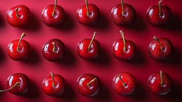 Sweet cherries with stems arranged in pattern against burgundy background, showcasing glossy fruits in flat lay composition with dramatic lighting and vibrant colors. appetizing photo