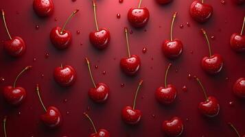 Sweet cherries with stems arranged in pattern against burgundy background, showcasing glossy fruits in flat lay composition with dramatic lighting and vibrant colors. nutritious photo
