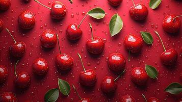 Sweet cherries with stems arranged in pattern against burgundy background, showcasing glossy fruits in flat lay composition with dramatic lighting and vibrant colors. pattern photo