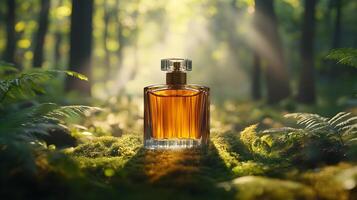 Mystical brown glass perfume bottle nestled among ferns and moss in enchanted forest setting, with ethereal morning sunlight streaming through misty trees, creating dreamy atmosphere. morning photo