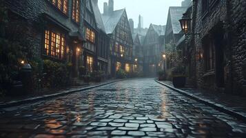 Stone-paved medieval street lined with historic buildings features warm glowing windows and vintage lamps, photographed from low angle in moody evening atmosphere with fog effects. cobblestone photo