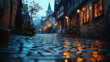 Stone-paved medieval street lined with historic buildings features warm glowing windows and vintage lamps, photographed from low angle in moody evening atmosphere with fog effects. buildings photo