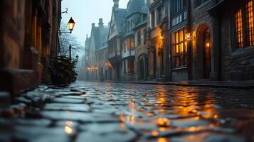 Stone-paved medieval street lined with historic buildings features warm glowing windows and vintage lamps, photographed from low angle in moody evening atmosphere with fog effects. fog photo
