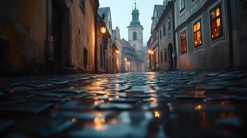 Stone-paved medieval street lined with historic buildings features warm glowing windows and vintage lamps, photographed from low angle in moody evening atmosphere with fog effects. windows photo