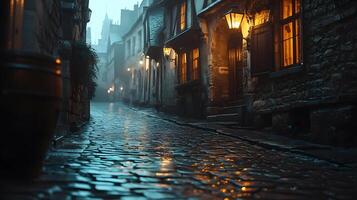 Stone-paved medieval street lined with historic buildings features warm glowing windows and vintage lamps, photographed from low angle in moody evening atmosphere with fog effects. evening photo