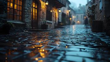 Stone-paved medieval street lined with historic buildings features warm glowing windows and vintage lamps, photographed from low angle in moody evening atmosphere with fog effects. street photo