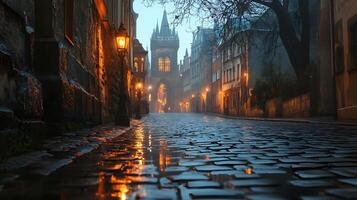 Stone-paved medieval street lined with historic buildings features warm glowing windows and vintage lamps, photographed from low angle in moody evening atmosphere with fog effects. historic photo