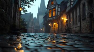 Stone-paved medieval street lined with historic buildings features warm glowing windows and vintage lamps, photographed from low angle in moody evening atmosphere with fog effects. moody photo
