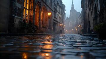 Stone-paved medieval street lined with historic buildings features warm glowing windows and vintage lamps, photographed from low angle in moody evening atmosphere with fog effects. lamps photo