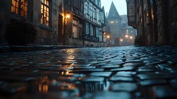 Stone-paved medieval street lined with historic buildings features warm glowing windows and vintage lamps, photographed from low angle in moody evening atmosphere with fog effects. gothic photo