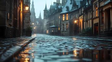 Stone-paved medieval street lined with historic buildings features warm glowing windows and vintage lamps, photographed from low angle in moody evening atmosphere with fog effects. stone photo