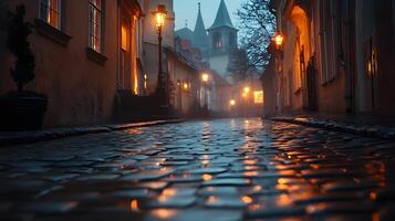 Stone-paved medieval street lined with historic buildings features warm glowing windows and vintage lamps, photographed from low angle in moody evening atmosphere with fog effects. vintage photo