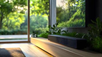 Sleek soundbar displayed on wooden TV stand with blurred nature content on screen, showcasing premium audio equipment in minimalist home theater setting with atmospheric lighting. innovative photo