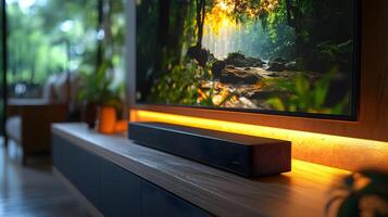 Sleek soundbar displayed on wooden TV stand with blurred nature content on screen, showcasing premium audio equipment in minimalist home theater setting with atmospheric lighting. sophisticated photo