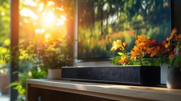 Sleek soundbar displayed on wooden TV stand with blurred nature content on screen, showcasing premium audio equipment in minimalist home theater setting with atmospheric lighting. advanced photo
