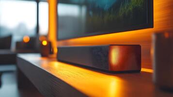Sleek soundbar displayed on wooden TV stand with blurred nature content on screen, showcasing premium audio equipment in minimalist home theater setting with atmospheric lighting. multimedia photo