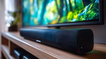 Sleek soundbar displayed on wooden TV stand with blurred nature content on screen, showcasing premium audio equipment in minimalist home theater setting with atmospheric lighting. digital photo