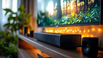 Sleek soundbar displayed on wooden TV stand with blurred nature content on screen, showcasing premium audio equipment in minimalist home theater setting with atmospheric lighting. nature photo