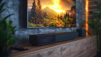 Sleek soundbar displayed on wooden TV stand with blurred nature content on screen, showcasing premium audio equipment in minimalist home theater setting with atmospheric lighting. entertainment photo