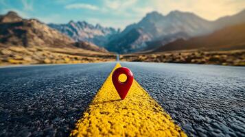Red location pin marker stands out against yellow road line on empty desert highway, with mountain silhouettes and vibrant blue sky creating cinematic travel scene. sky photo