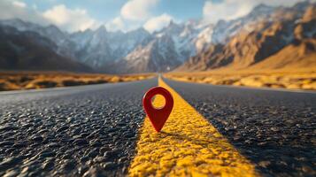 Red location pin marker stands out against yellow road line on empty desert highway, with mountain silhouettes and vibrant blue sky creating cinematic travel scene. cinematic photo