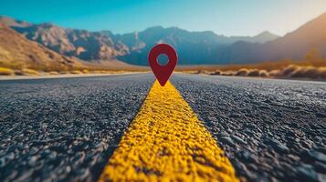 Red location pin marker stands out against yellow road line on empty desert highway, with mountain silhouettes and vibrant blue sky creating cinematic travel scene. adventure photo