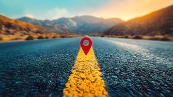 Red location pin marker stands out against yellow road line on empty desert highway, with mountain silhouettes and vibrant blue sky creating cinematic travel scene. guidance photo