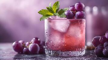 Refreshing purple cocktail garnished with mint and grapes sparkles in crystalline glass, capturing dewdrops effect against soft lavender backdrop, presented with high-key lighting luxury photo