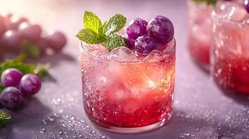 Refreshing purple cocktail garnished with mint and grapes sparkles in crystalline glass, capturing dewdrops effect against soft lavender backdrop, presented with high-key lighting nd luxury styling photo