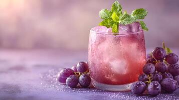 Refreshing purple cocktail garnished grapes sparkles in crystalline glass, capturing dewdrops effect against soft lavender backdrop, presented with high-key lighting luxury styling photo