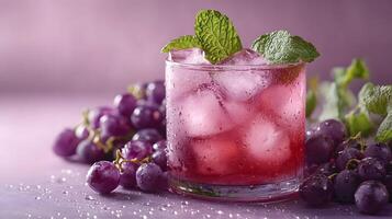 Refreshing purple cocktail garnished with mint and grapes sparkles in crystalline glass, capturing dewdrops effect against soft lavender backdrop, presented with high-key lighting and luxury photo