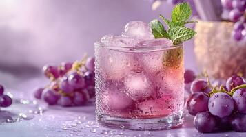 Refreshing purple cocktail garnished with mint grapes sparkles in crystalline glass, capturing dewdrops effect against soft lavender backdrop, presented with high-key lighting and luxury styling photo