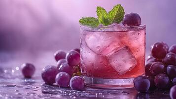 Refreshing purple cocktail garnished with mint and grapes sparkles in crystalline glass, capturing dewdrops effect against soft lavender backdrop, presented with high-key lighting d luxury styling photo