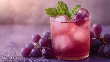 Refreshing purple cocktail garnished with mint and grapes sparkles in crystalline glass, capturing dewdrops effect against soft lavender backdrop, presented with lighting luxury styling photo