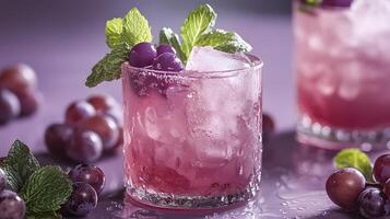 Refreshing purple cocktail garnished with mint and grapes sparkles in crystalline glass, capturing dewdrops effect against soft lavender backdrop, presented with high-key lighting and luxury syling photo
