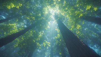 Majestic redwood trees converge upward against crystal blue sky, with bright sunlight piercing through dense green canopy, captured in wide-angle perspective showing forest crown view. upward photo