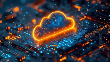Macro shot of computer processor with glowing blue circuit paths and orange neon cloud icon, representing digital technology and binary data flow in moody lighting. processor photo
