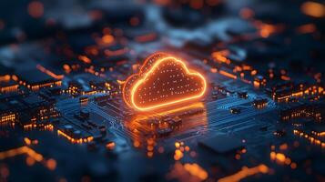 Macro shot of computer processor with glowing blue circuit paths and orange neon cloud icon, representing digital technology and binary data flow in moody lighting. glowing photo