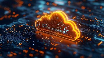 Macro shot of computer processor with glowing blue circuit paths and orange neon cloud icon, representing digital technology and binary data flow in moody lighting. computer photo