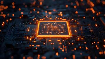 Macro shot of computer processor with glowing blue circuit paths and orange neon cloud icon, representing digital technology and binary data flow in moody lighting. circuit photo