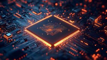 Macro shot of computer processor with glowing blue circuit paths and orange neon cloud icon, representing digital technology and binary data flow in moody lighting. cloud photo