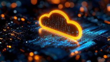 Macro shot of computer processor with glowing blue circuit paths and orange neon cloud icon, representing digital technology and binary data flow in moody lighting. blue photo