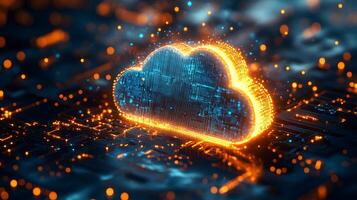 Macro shot of computer processor with glowing blue circuit paths and orange neon cloud icon, representing digital technology and binary data flow in moody lighting. neon photo