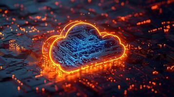 Macro shot of computer processor with glowing blue circuit paths and orange neon cloud icon, representing digital technology and binary data flow in moody lighting. icon photo