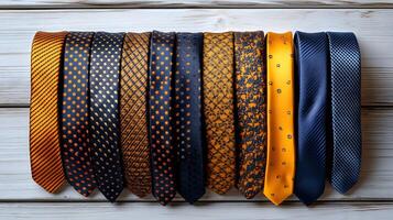 Luxury silk ties featuring geometric and floral patterns in navy blue, yellow, and orange, arranged parallel on white wooden surface with detailed fabric textures. textures photo