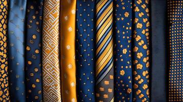 Luxury silk ties featuring geometric and floral patterns in navy blue, yellow, and orange, arranged parallel on white wooden surface with detailed fabric textures. luxury photo