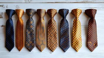 Luxury silk ties featuring geometric and floral patterns in navy blue, yellow, and orange, arranged parallel on white wooden surface with detailed fabric textures. sophisticated photo