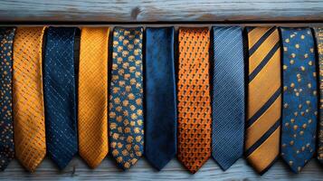 Luxury silk ties featuring geometric and floral patterns in navy blue, yellow, and orange, arranged parallel on white wooden surface with detailed fabric textures. menswear photo